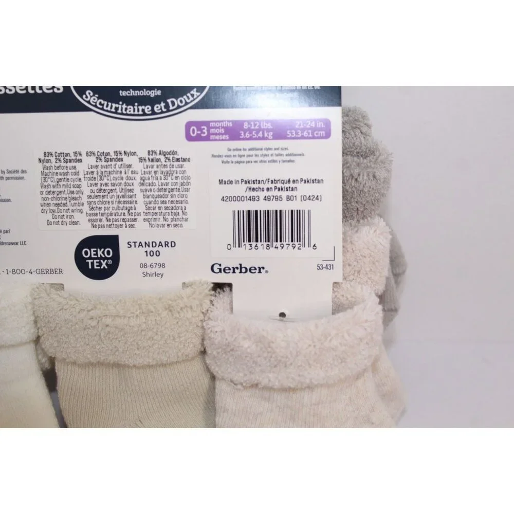 Gerber Wiggle Proof Stay On Infant Bootie Socks 0-3 Months Beige Gray 6‎ Pack